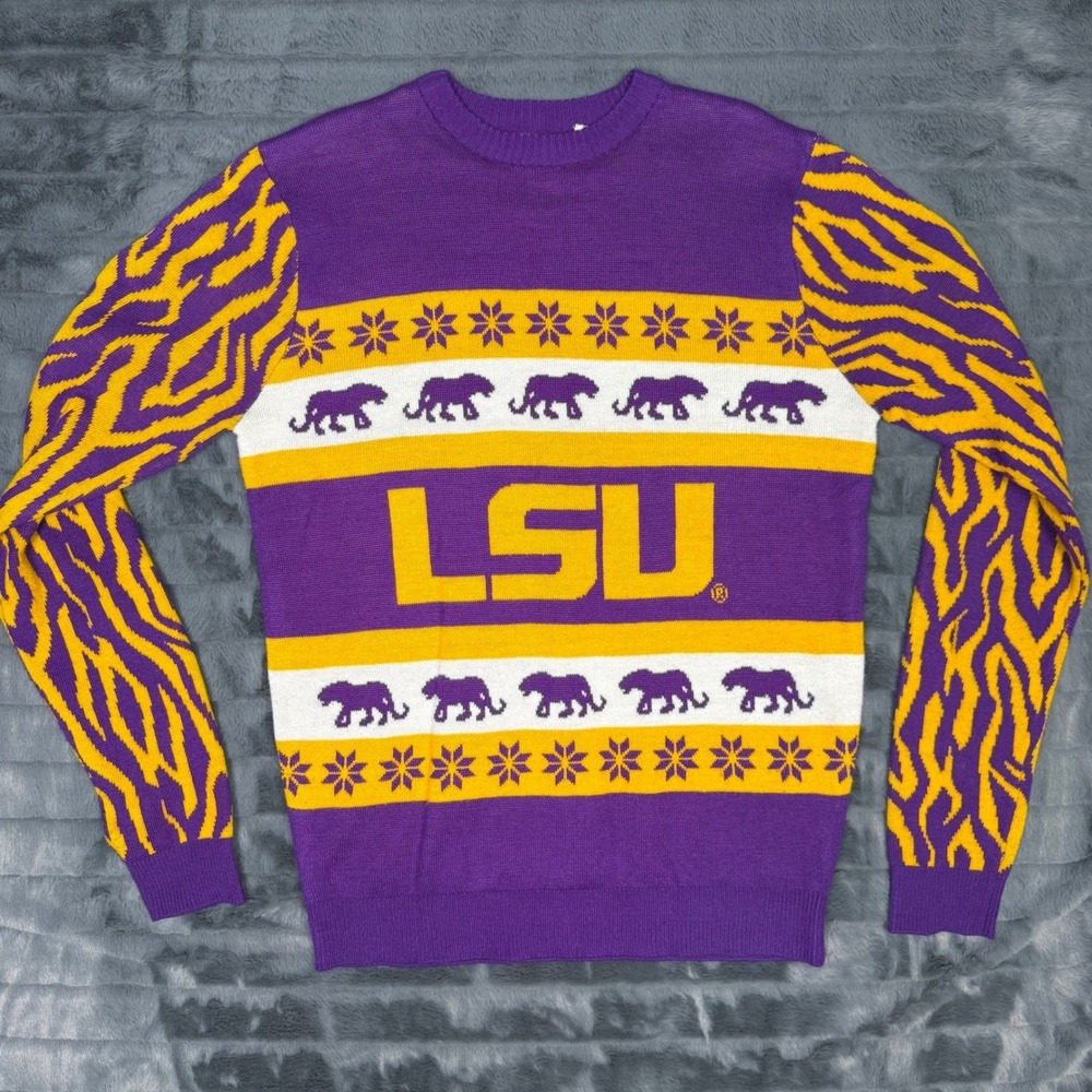 LSU Tigers NCAA Purple Gold Tiger Stripe Fair Isle Knit Sweater Mens Medium